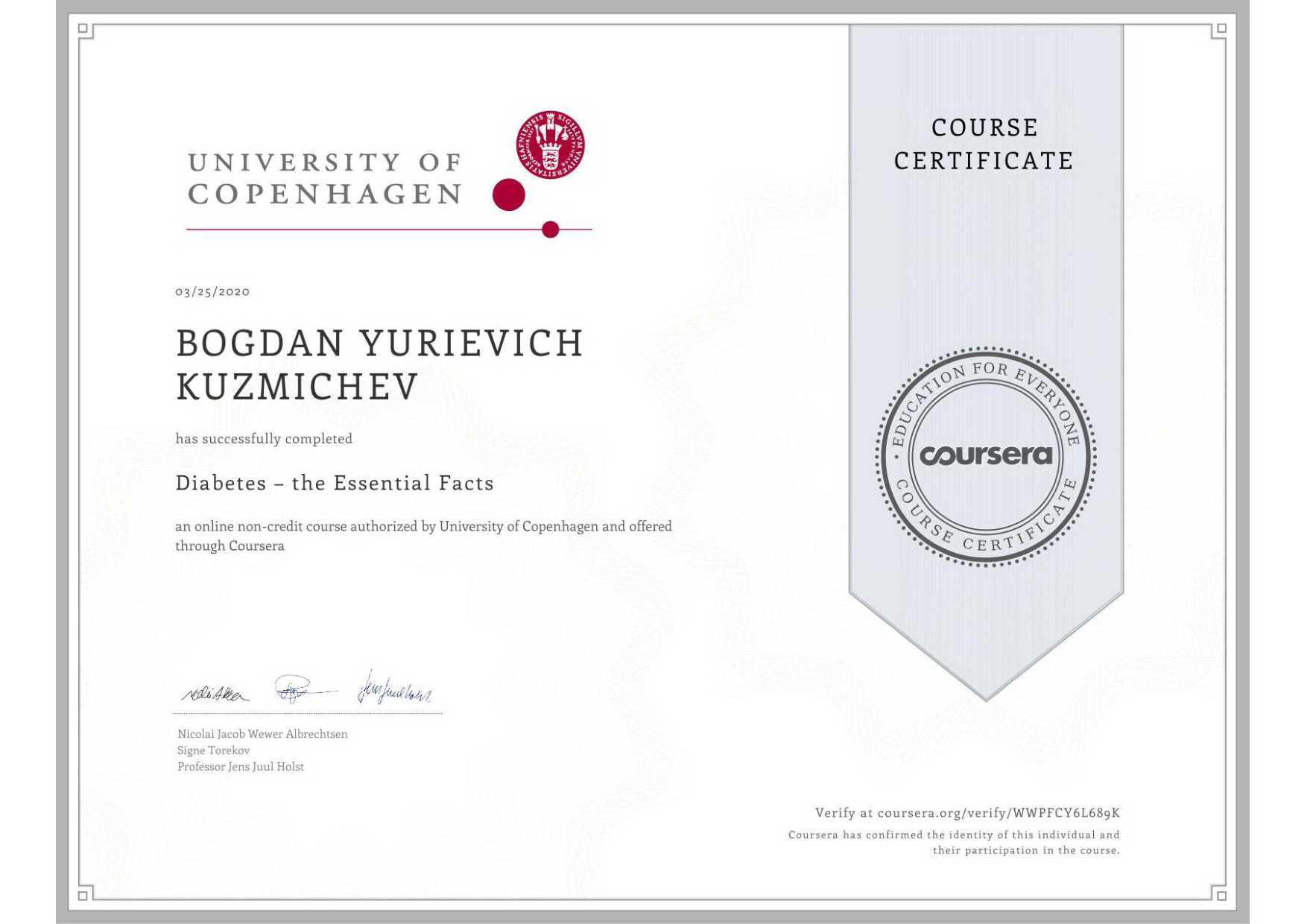 Certificate from University of Copenhagen!