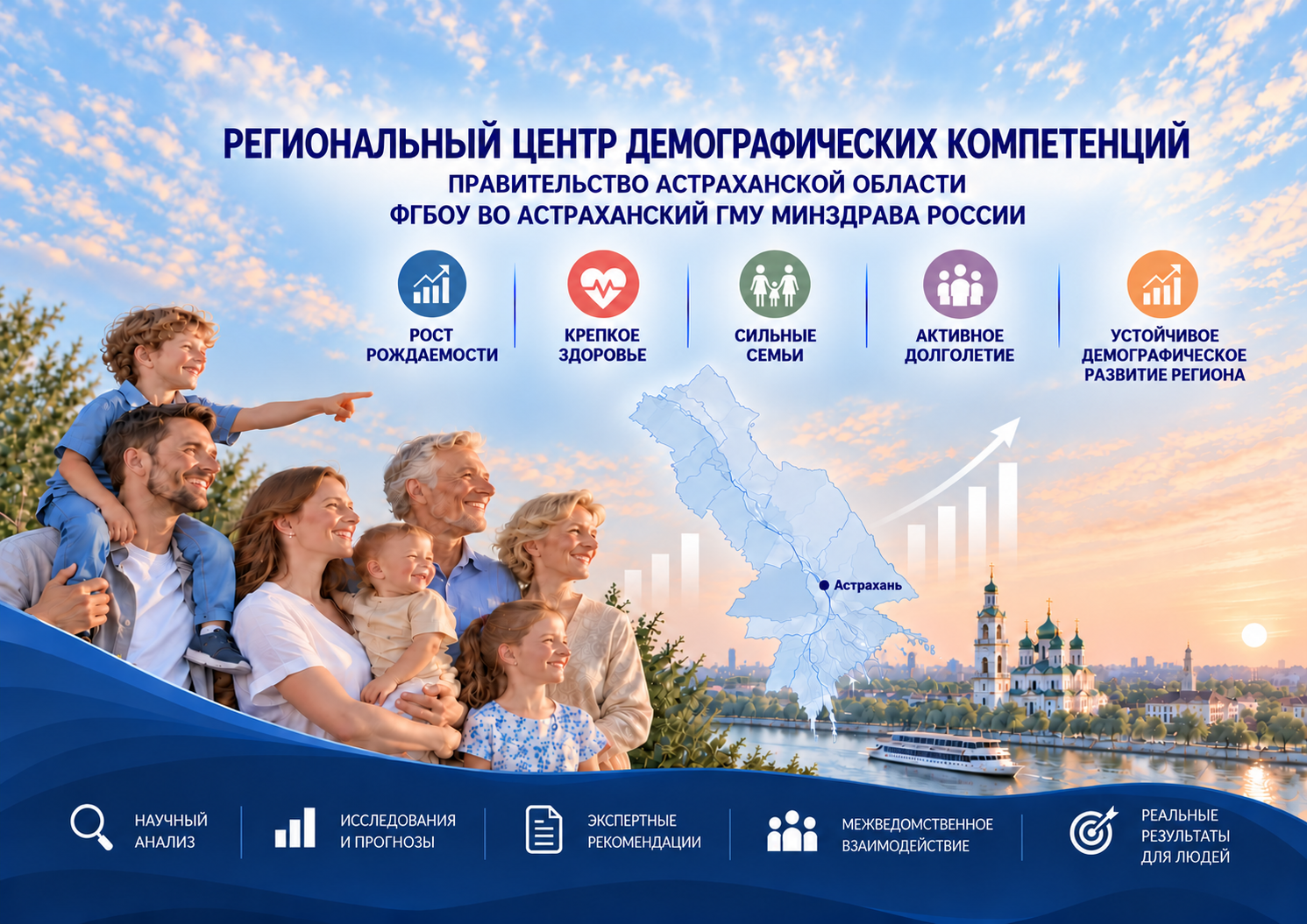 Инфографика центра: рост рождаемости, крепкое здоровье, сильные семьи, активное долголетие, устойчивое демографическое развитие